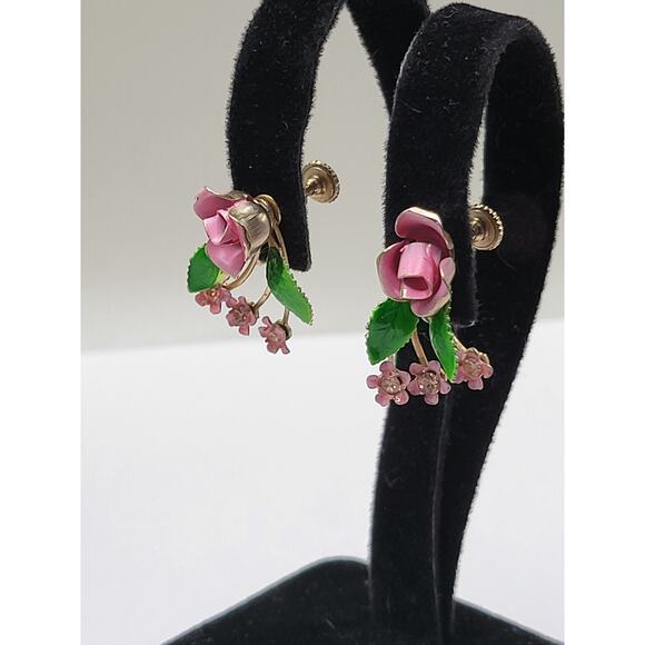 Vintage Enamel Rose Earrings Screw Back Pink Flower Cluster Rhinestone - Picture 3 of 7